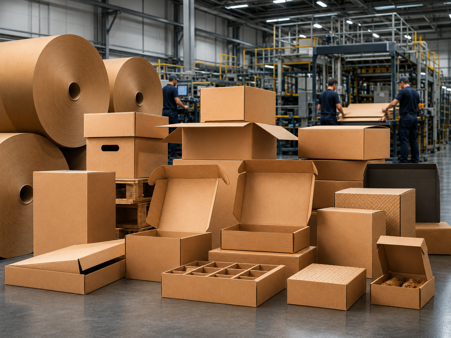 Caixas de papelão sob medida e bobinas em ambiente industrial